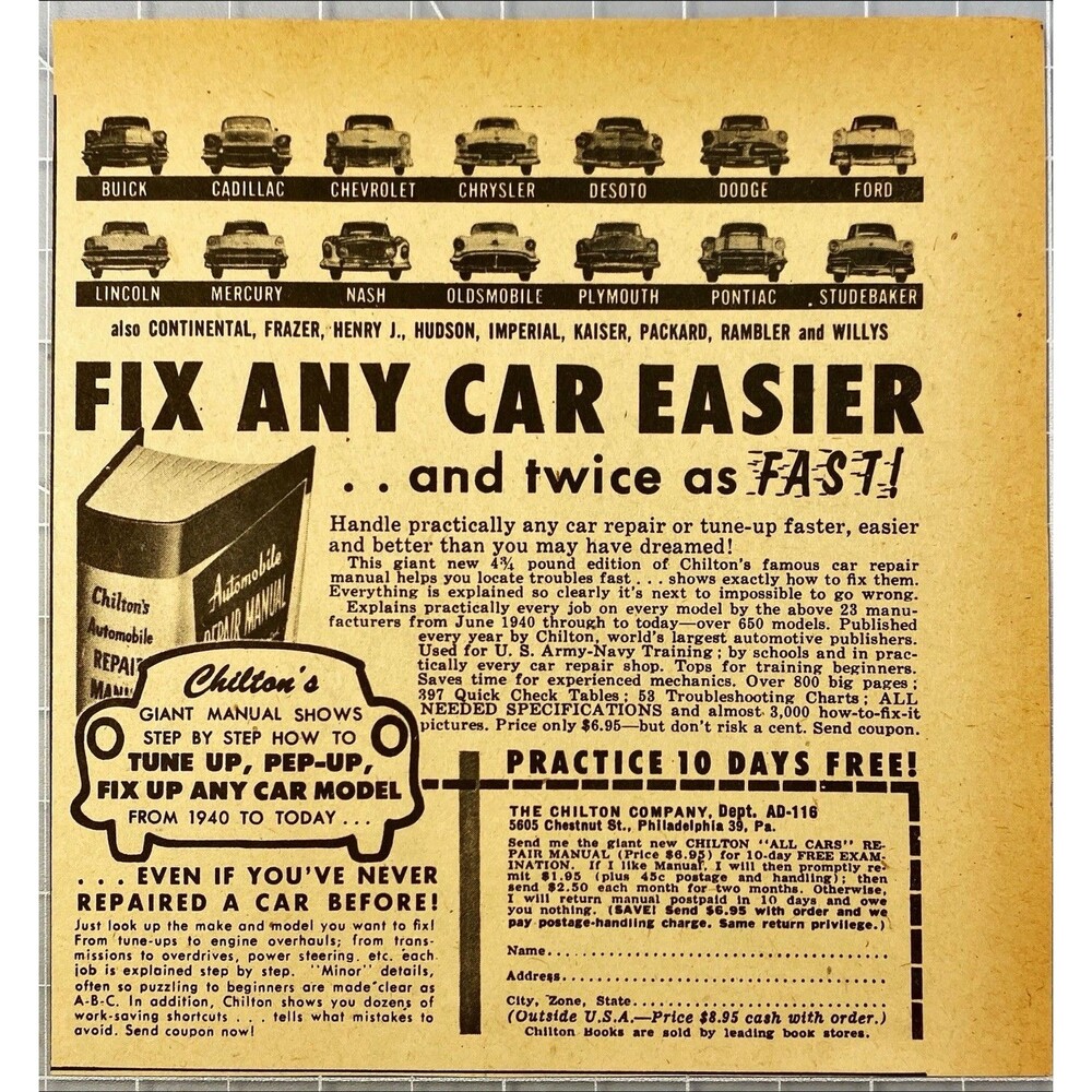 The Chiton Co. "Auto Repair Manual: Fix Any Car" Vintage Print Ad 1956